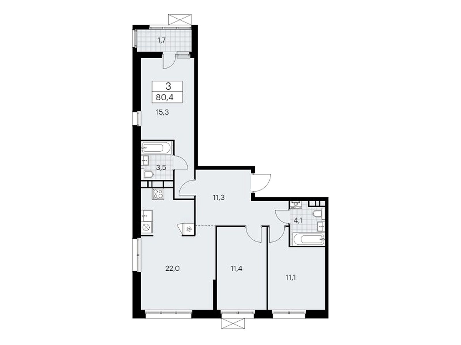 3-комнатная квартира, 80.2 кв.м, ЖК "Дзен-кварталы"