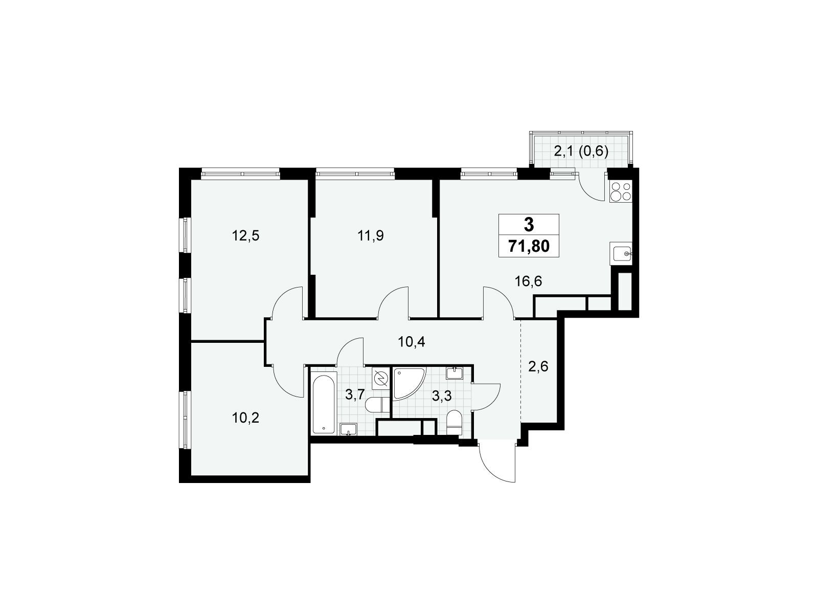 3-комнатная квартира, 71.8 кв.м, ЖК «Южные сады» 3-комнатная квартира, 71.8 кв.м, ЖК «Южные сады»