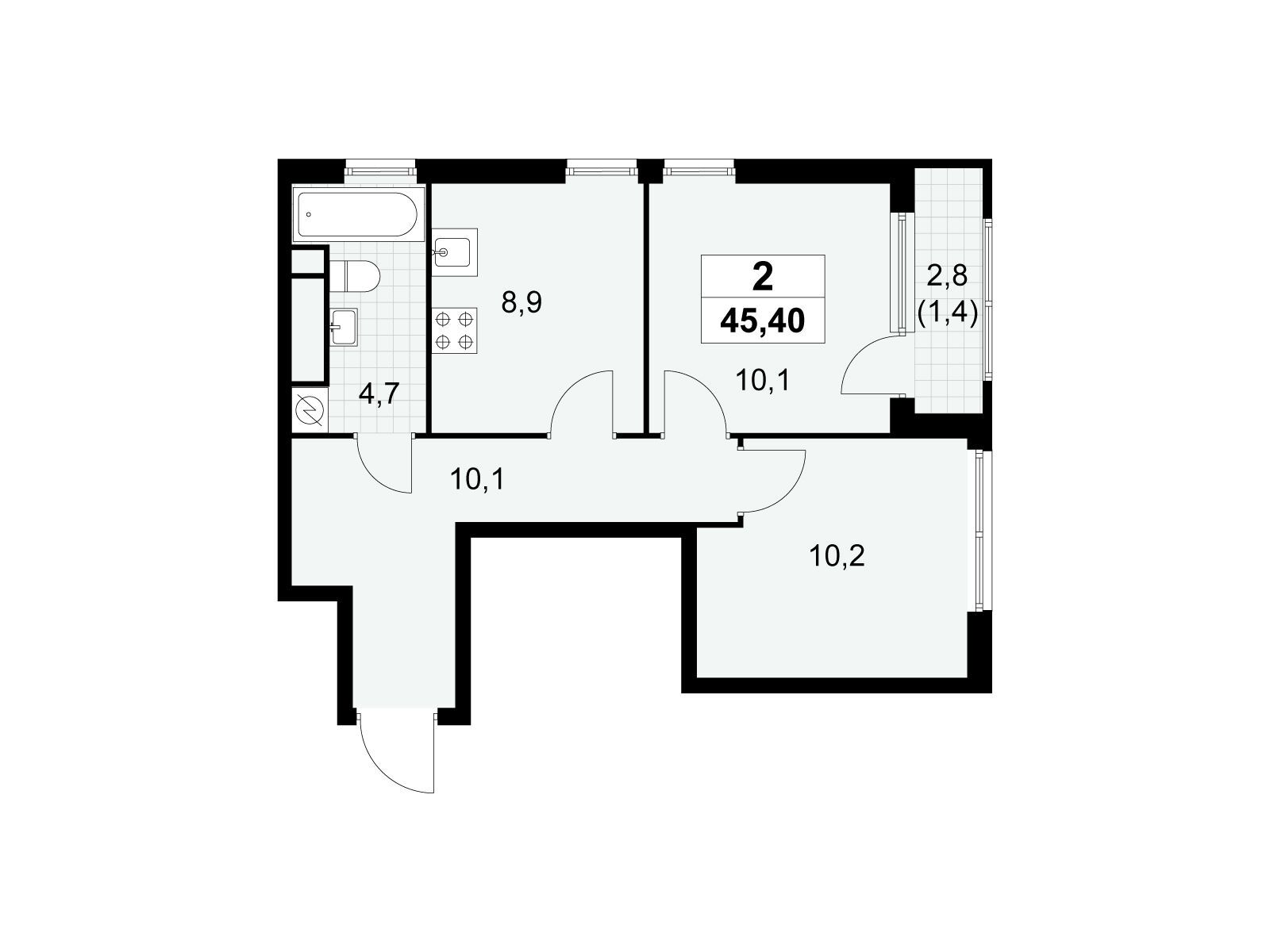 2-комнатная, 45.4 м2, ЖК «Южные сады» 2-комнатная, 45.4 м2, ЖК «Южные сады»