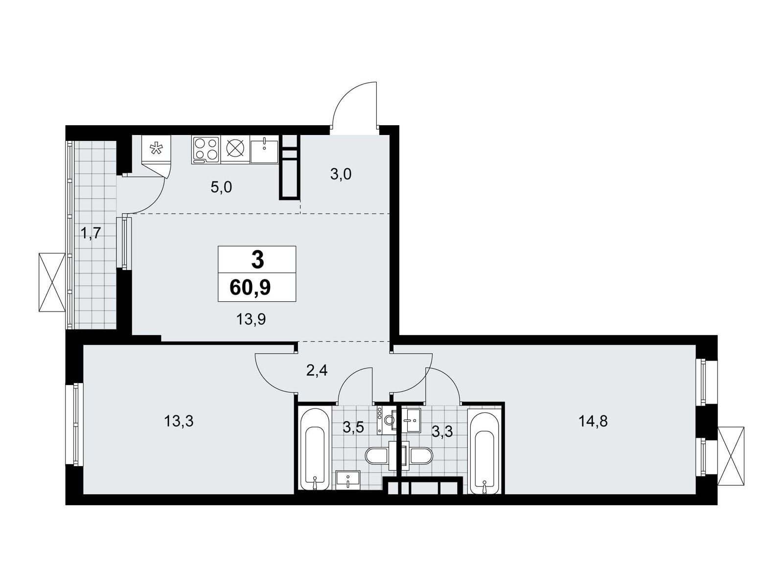3-комнатная, 60.9 м2, ЖК «Прокшино» 3-комнатная, 60.9 м2, ЖК «Прокшино»