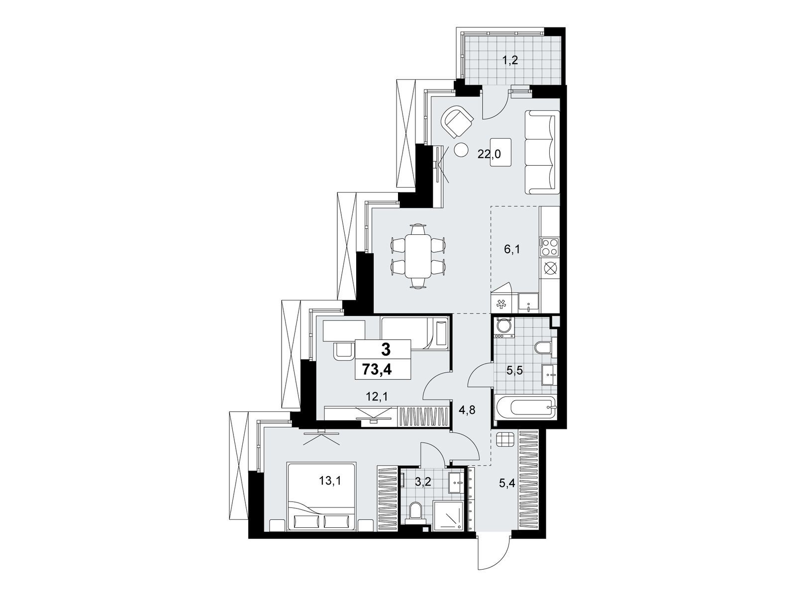 3-комнатная квартира, 73.4 кв.м, ЖК «Дзен-кварталы»