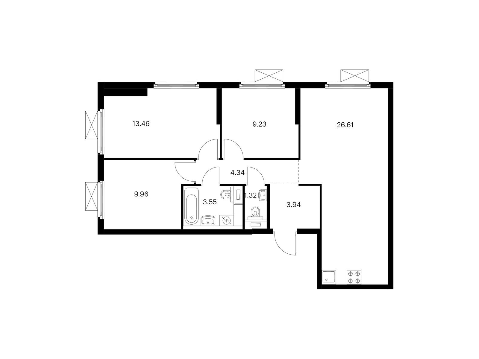 3-комнатная квартира, 72.41 кв.м, Ютаново