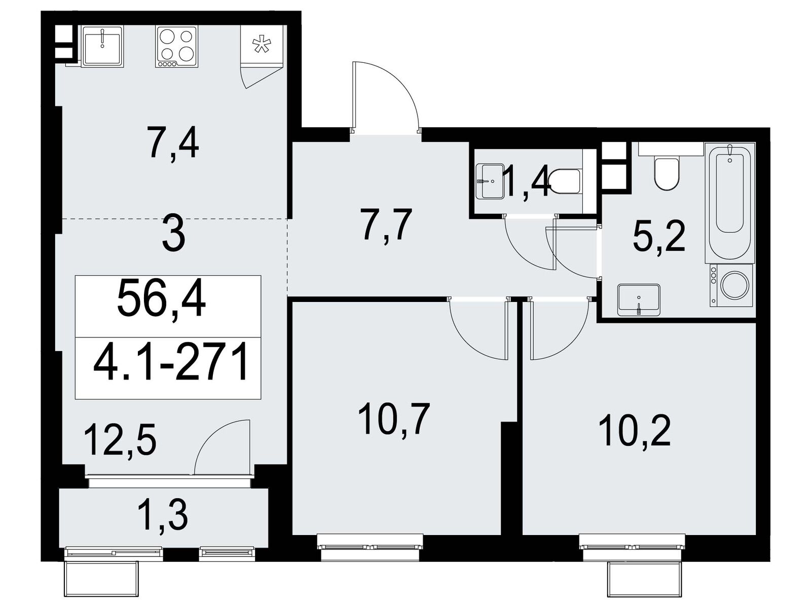 3-комнатная, 55.9 м2, ЖК «Южные сады» 3-комнатная, 55.9 м2, ЖК «Южные сады»