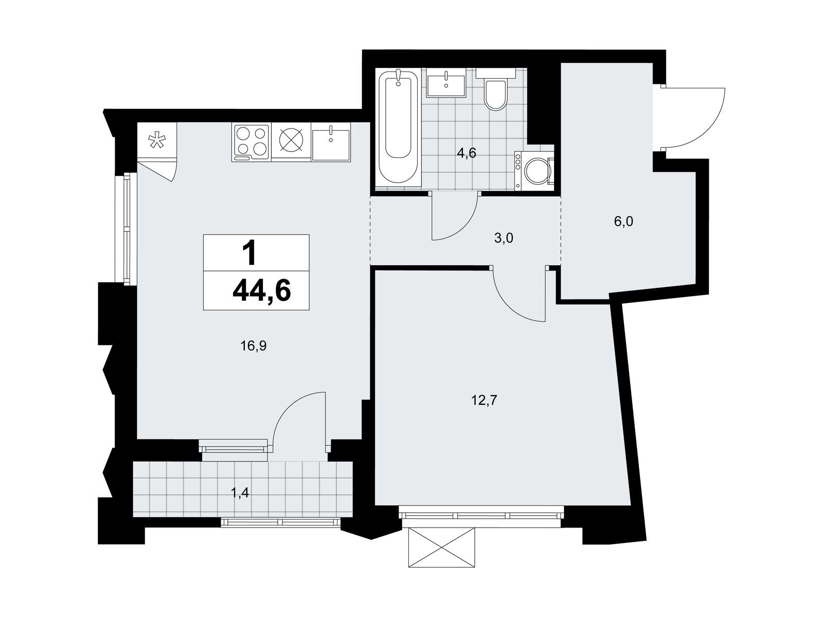 1-комнатная квартира, 44.6 кв.м, ЖК «Деснаречье»