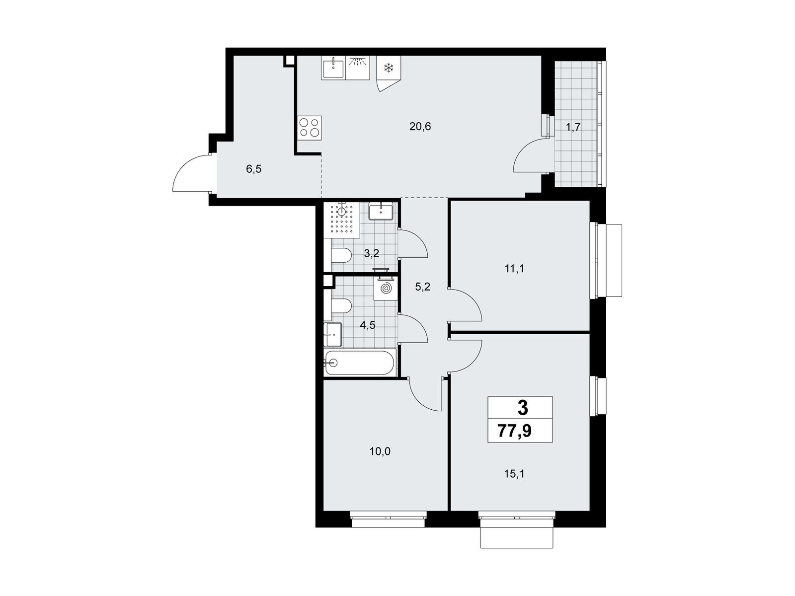 3-комнатная, 77.9 м2, ЖК «Деснаречье»