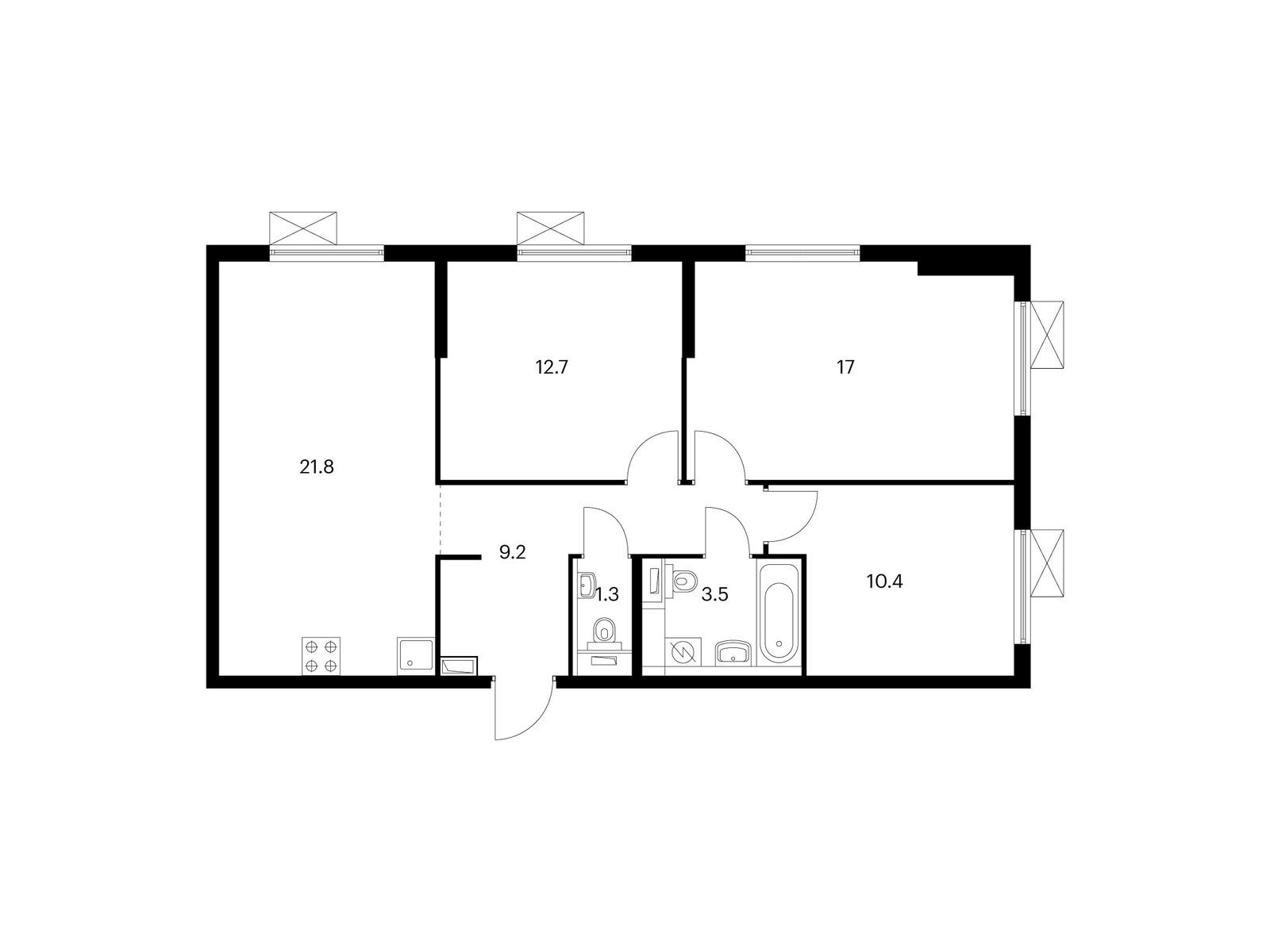 3-комнатная квартира, 75.9 кв.м, Юнино