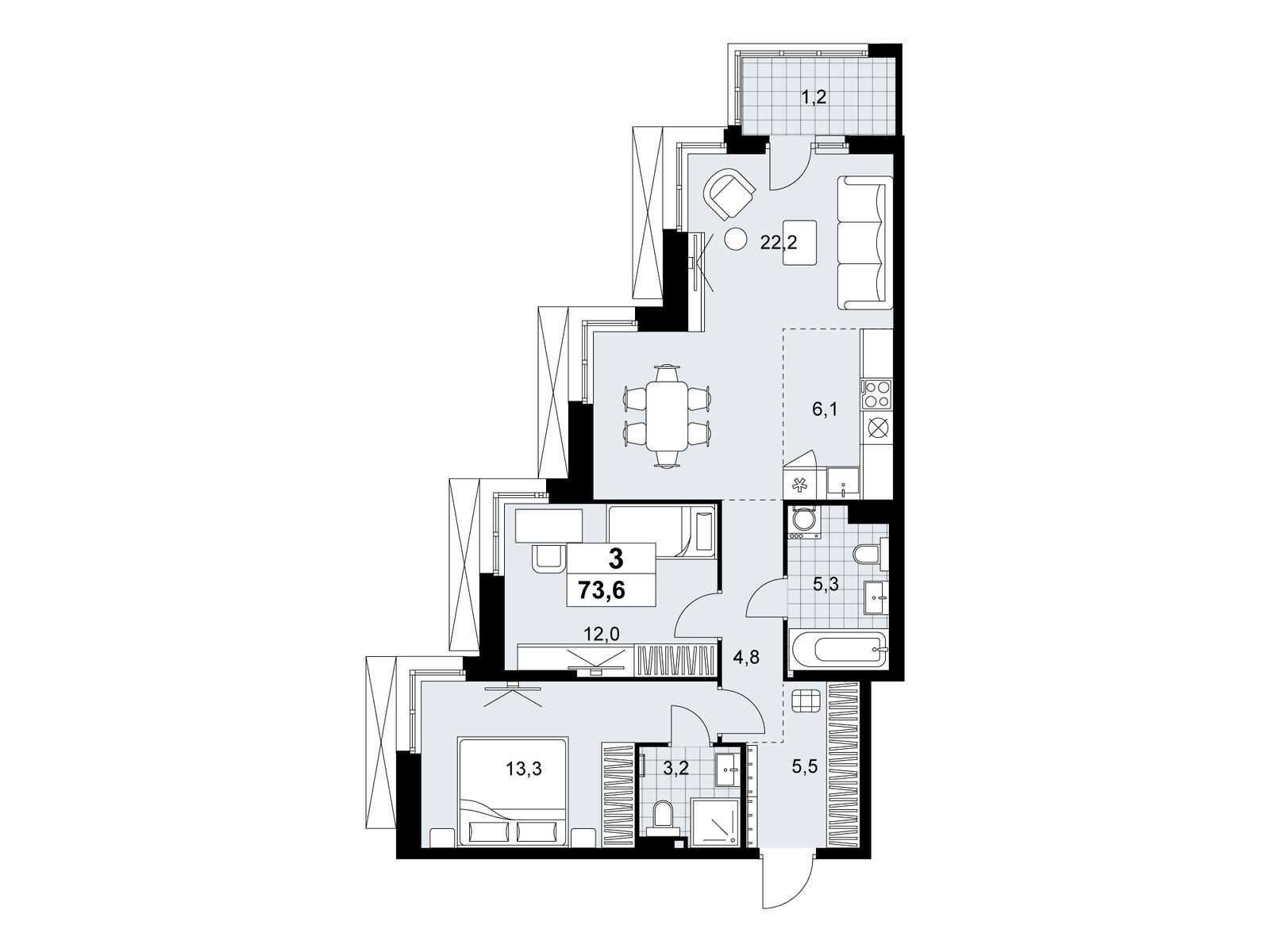 3-комнатная квартира, 73.6 кв.м, ЖК «Дзен-кварталы»