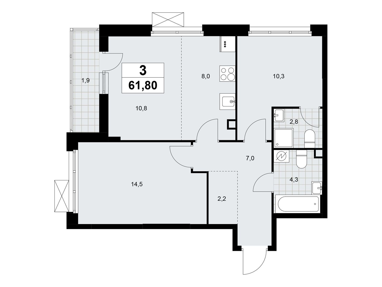 3-комнатная, 61.8 м², 2 этаж из 16, ЖК «Скандинавия»