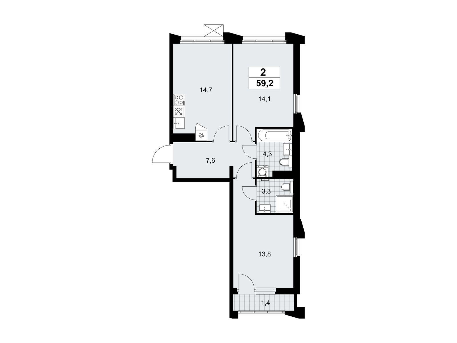 2-комнатная, 59.2 м2, ЖК «Деснаречье» 2-комнатная, 59.2 м2, ЖК «Деснаречье»
