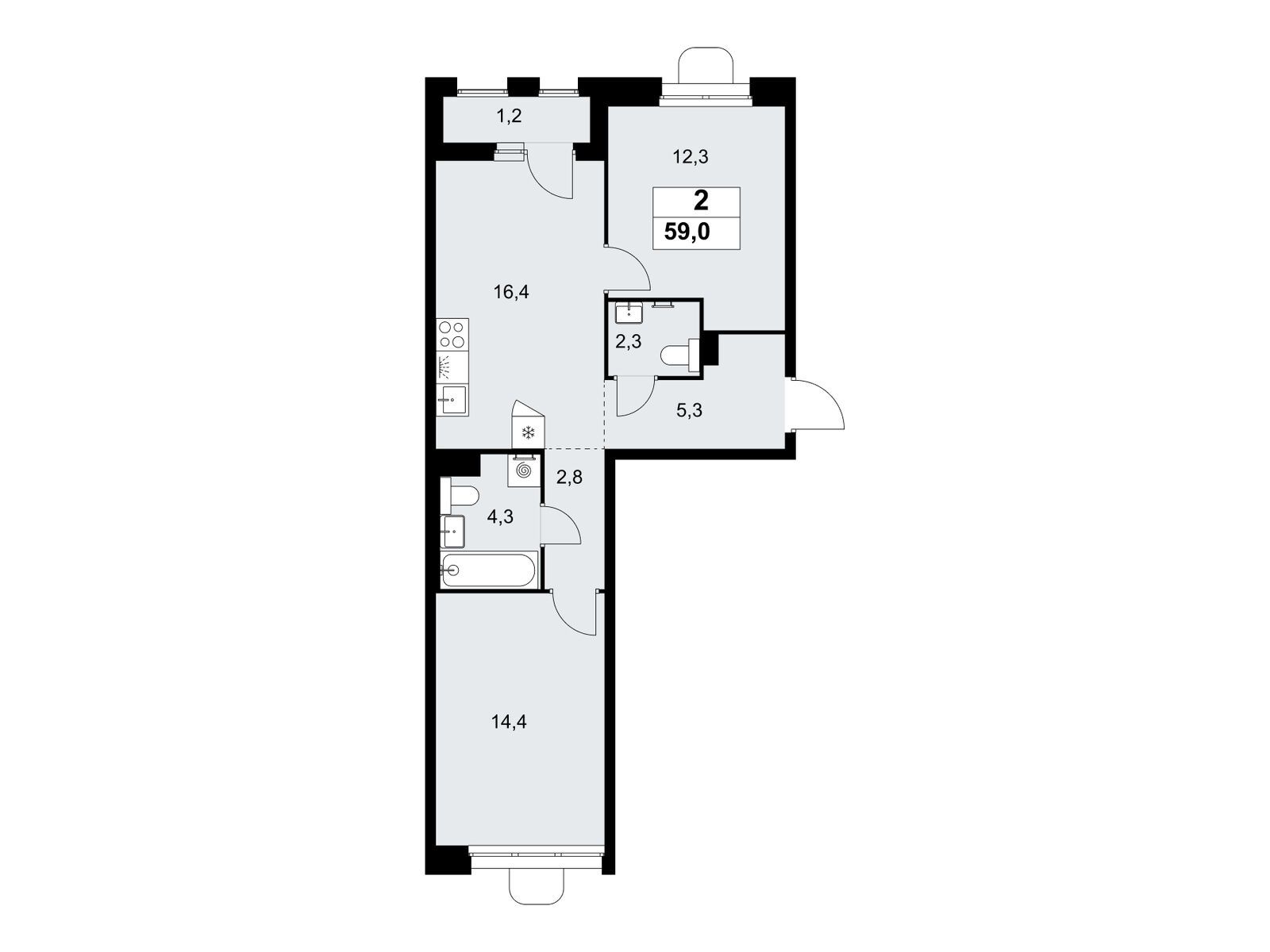 2-комнатная квартира, 59 кв.м, ЖК «Прокшино»