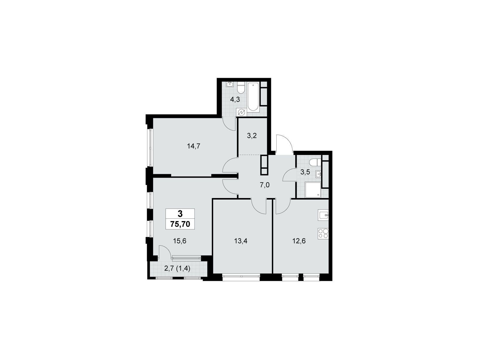 3-комнатная квартира, 75.7 кв.м, ЖК «Южные сады» 3-комнатная квартира, 75.7 кв.м, ЖК «Южные сады»