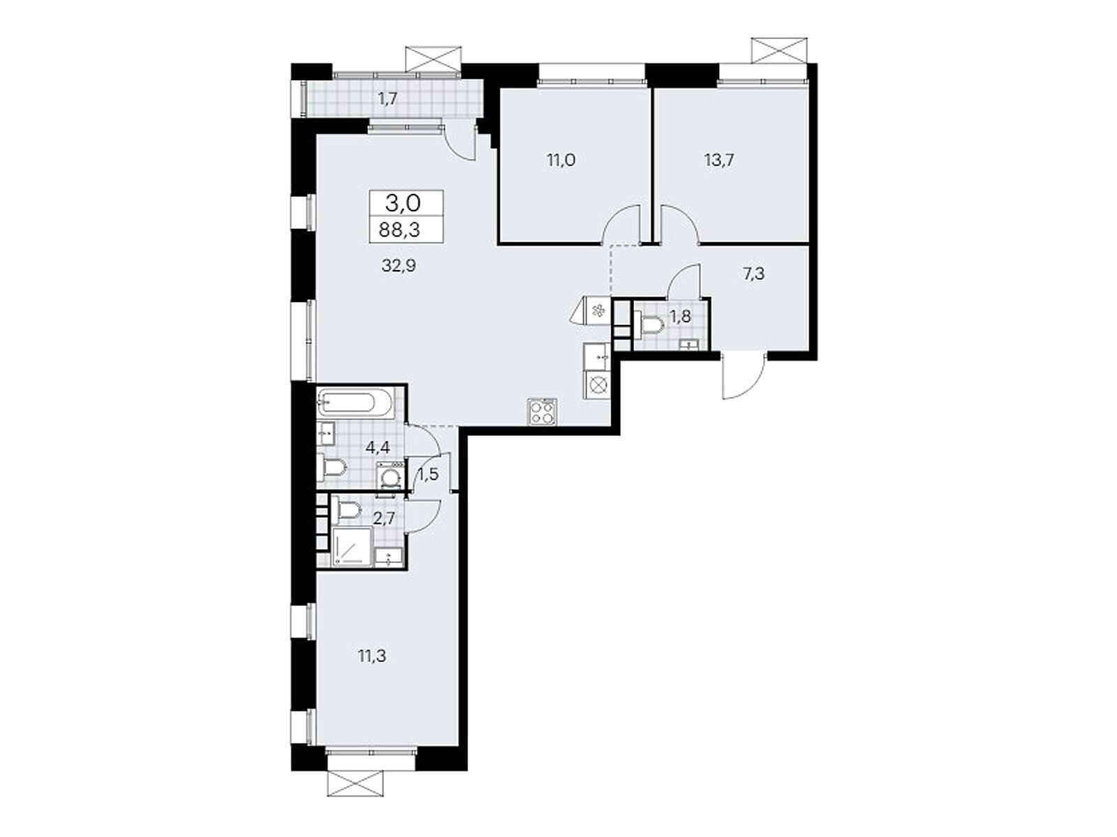 3-комнатная квартира, 88.2 кв.м, ЖК «Бунинские Кварталы»