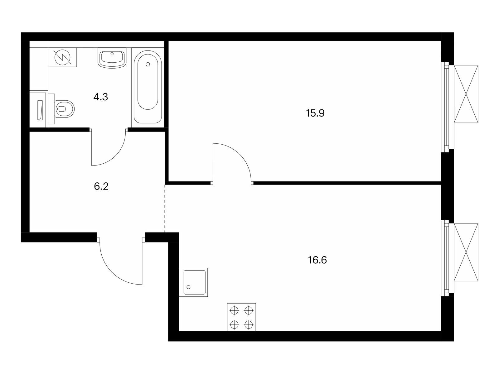 1-комнатная квартира, 43 кв.м, Кузьминский лес