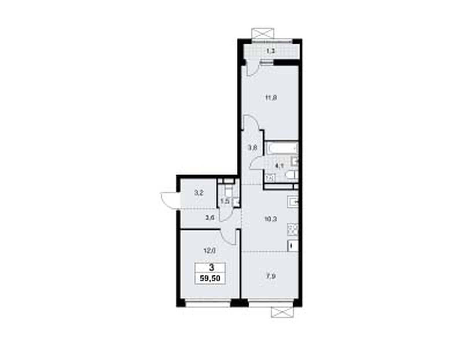 3-комнатная, 59.5 м2, ЖК «Родные кварталы»