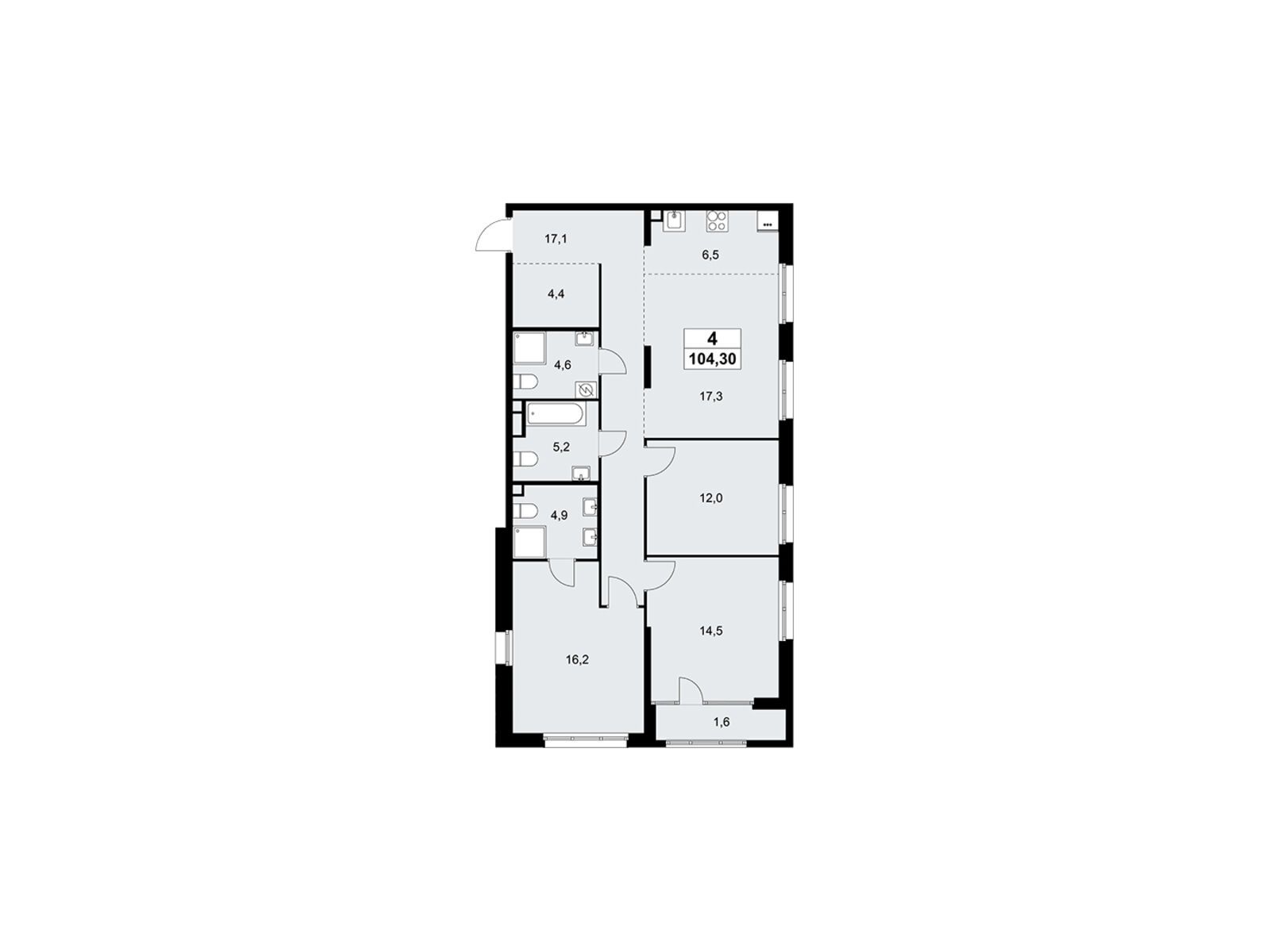 4-комнатная, 104.3 м2, «Дом на Зорге»