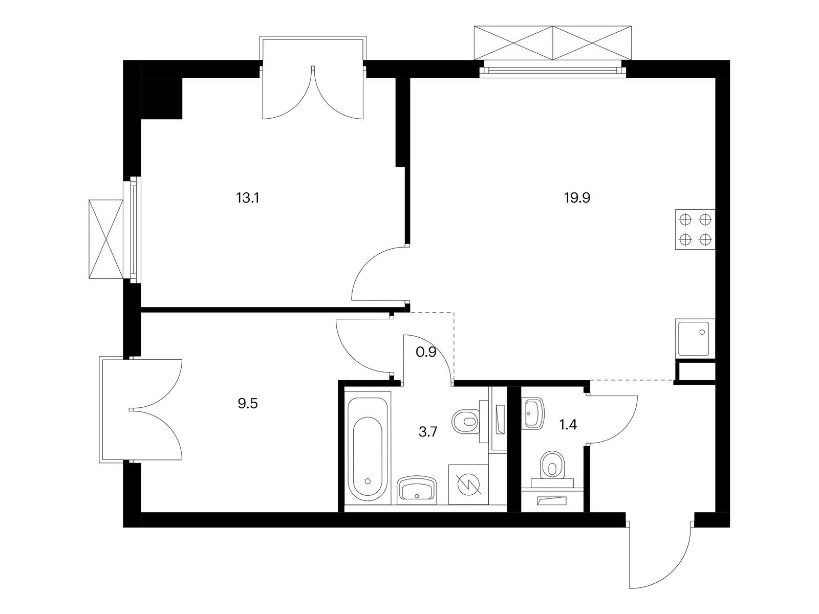 2-комнатная, 52.1 м2, Красноказарменная 15