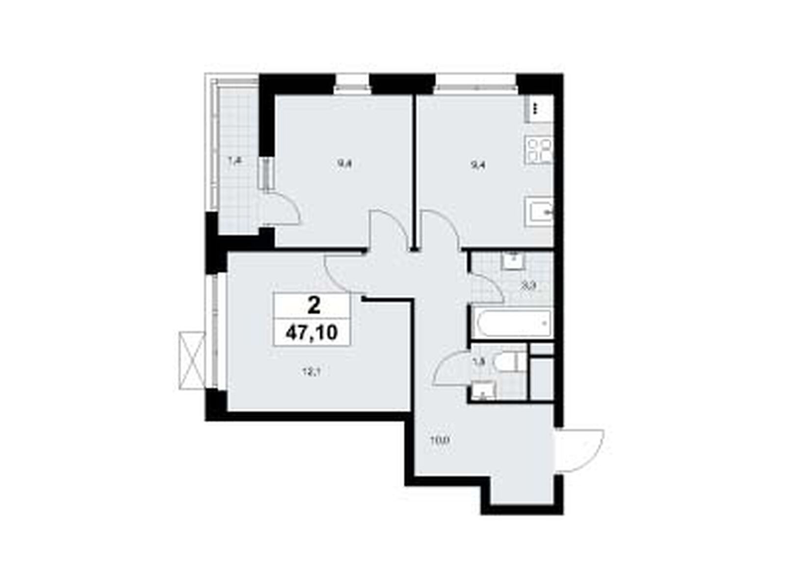2-комнатная, 47.1 м2, ЖК «Родные кварталы»