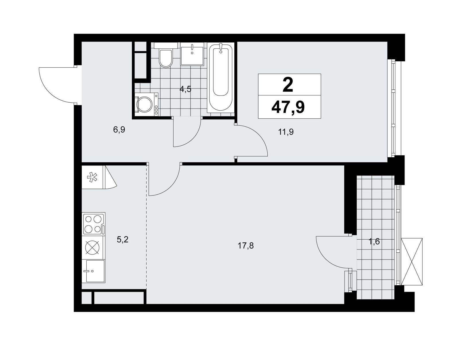2-комнатная, 47.9 м2, ЖК «Прокшино»