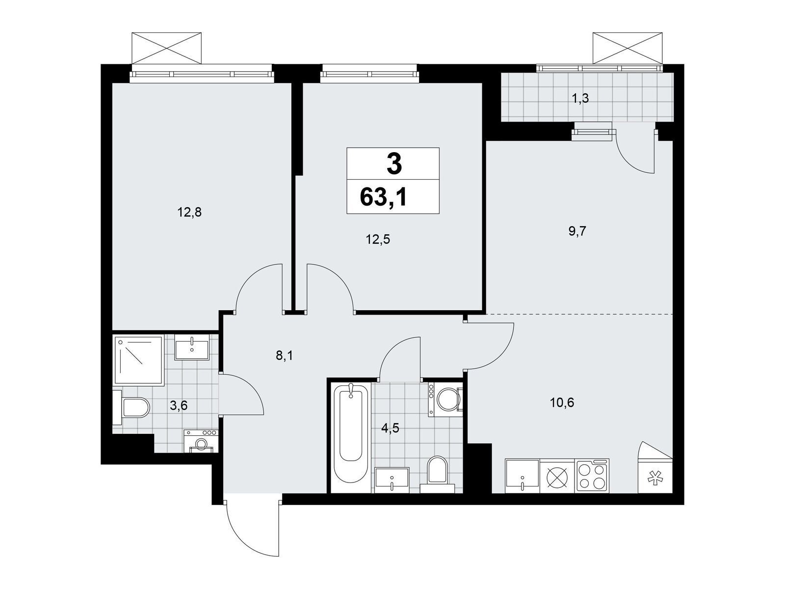 3-комнатная квартира, 63.2 кв.м, ЖК "Дзен-кварталы"