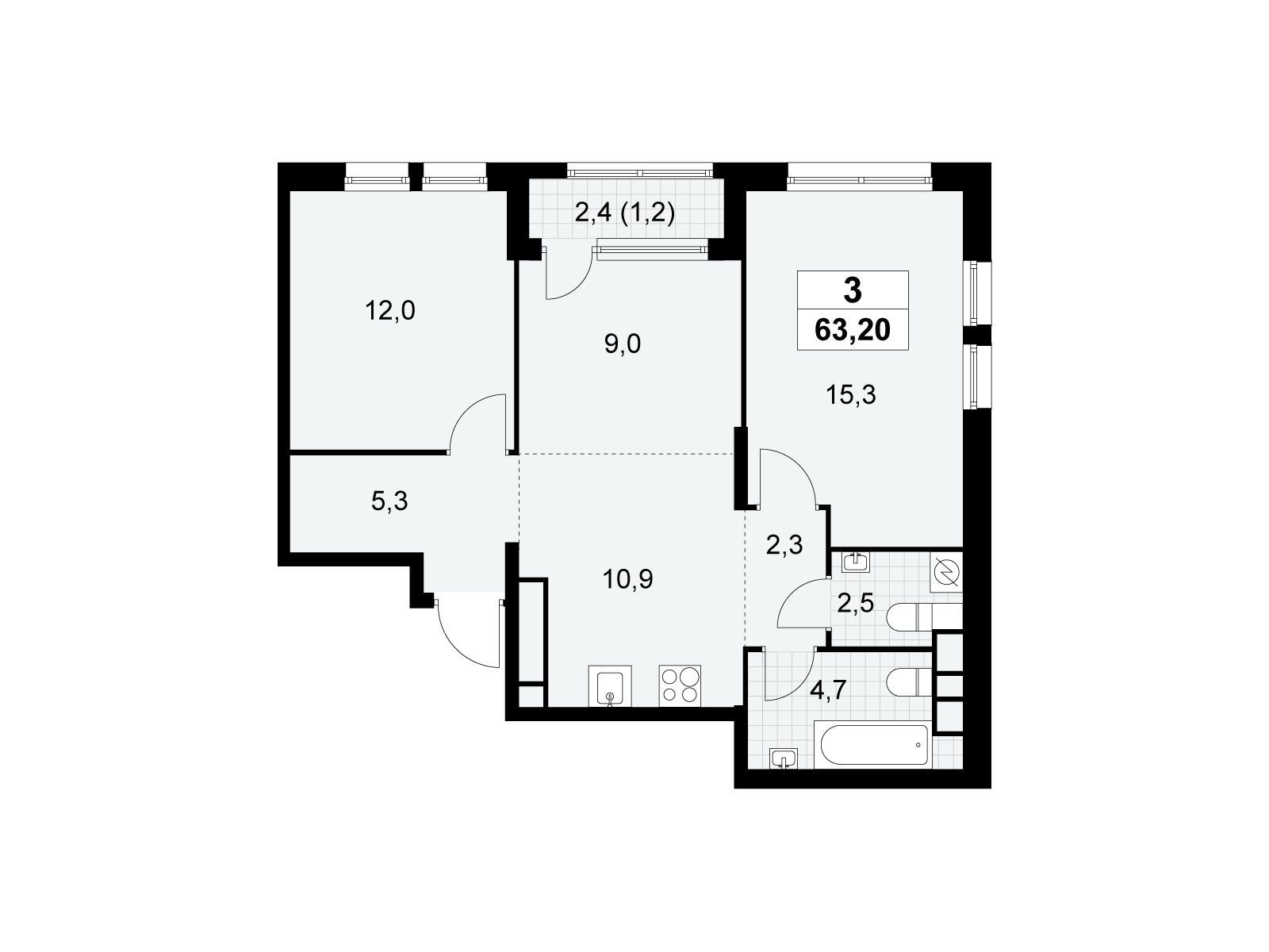 3-комнатная квартира, 63.2 кв.м, ЖК «Южные сады» 3-комнатная квартира, 63.2 кв.м, ЖК «Южные сады»