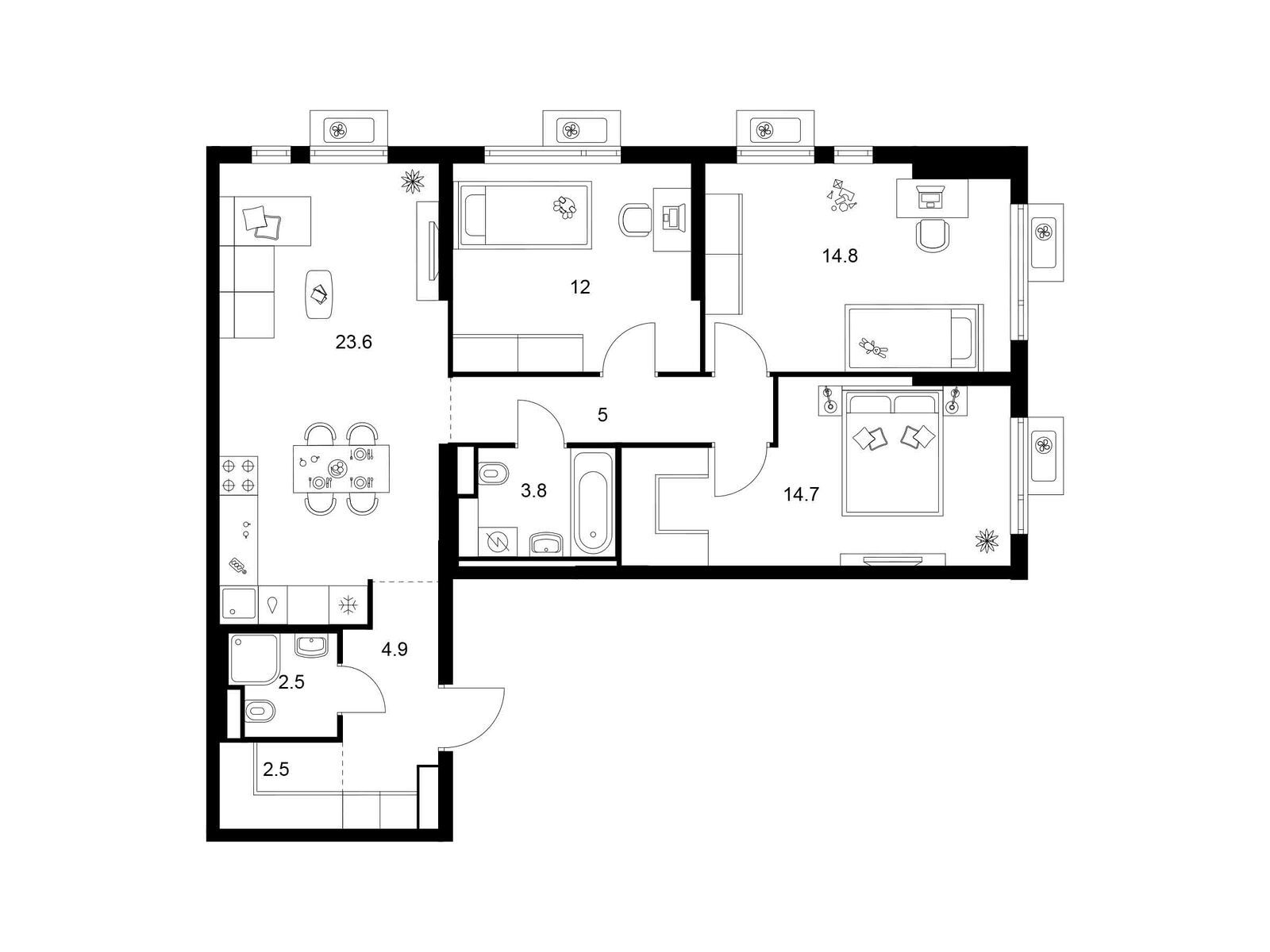 3-комнатная квартира, 83.8 кв.м, Яуза парк