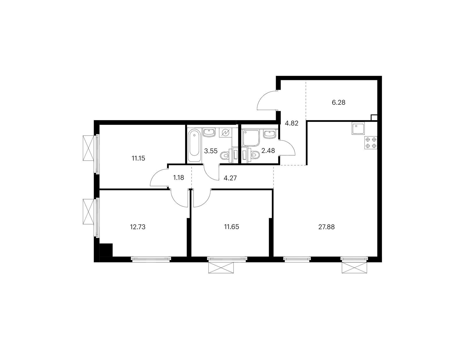 3-комнатная квартира, 85.99 кв.м, Ютаново