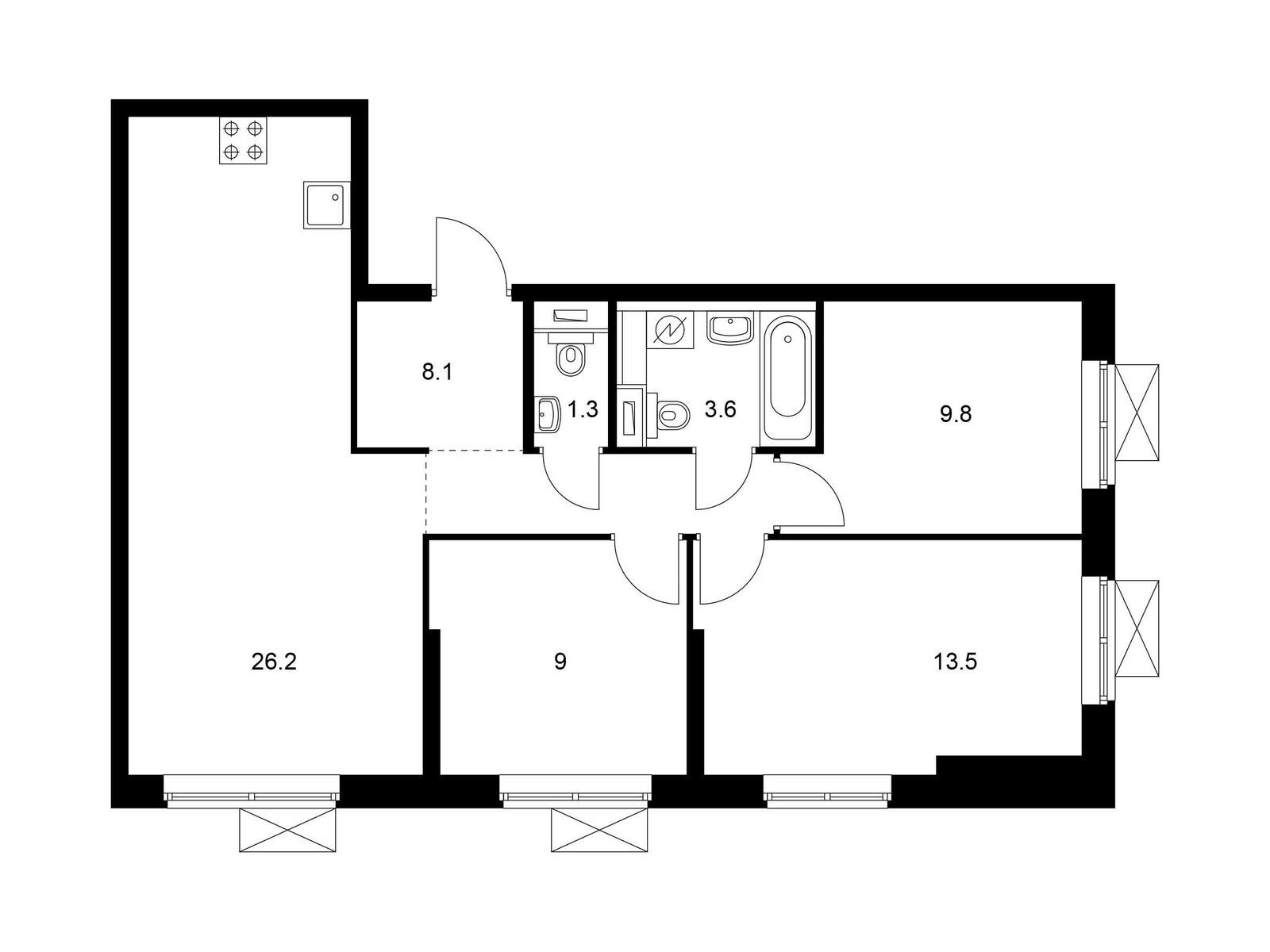 3-комнатная квартира, 71.5 кв.м, Открытый парк