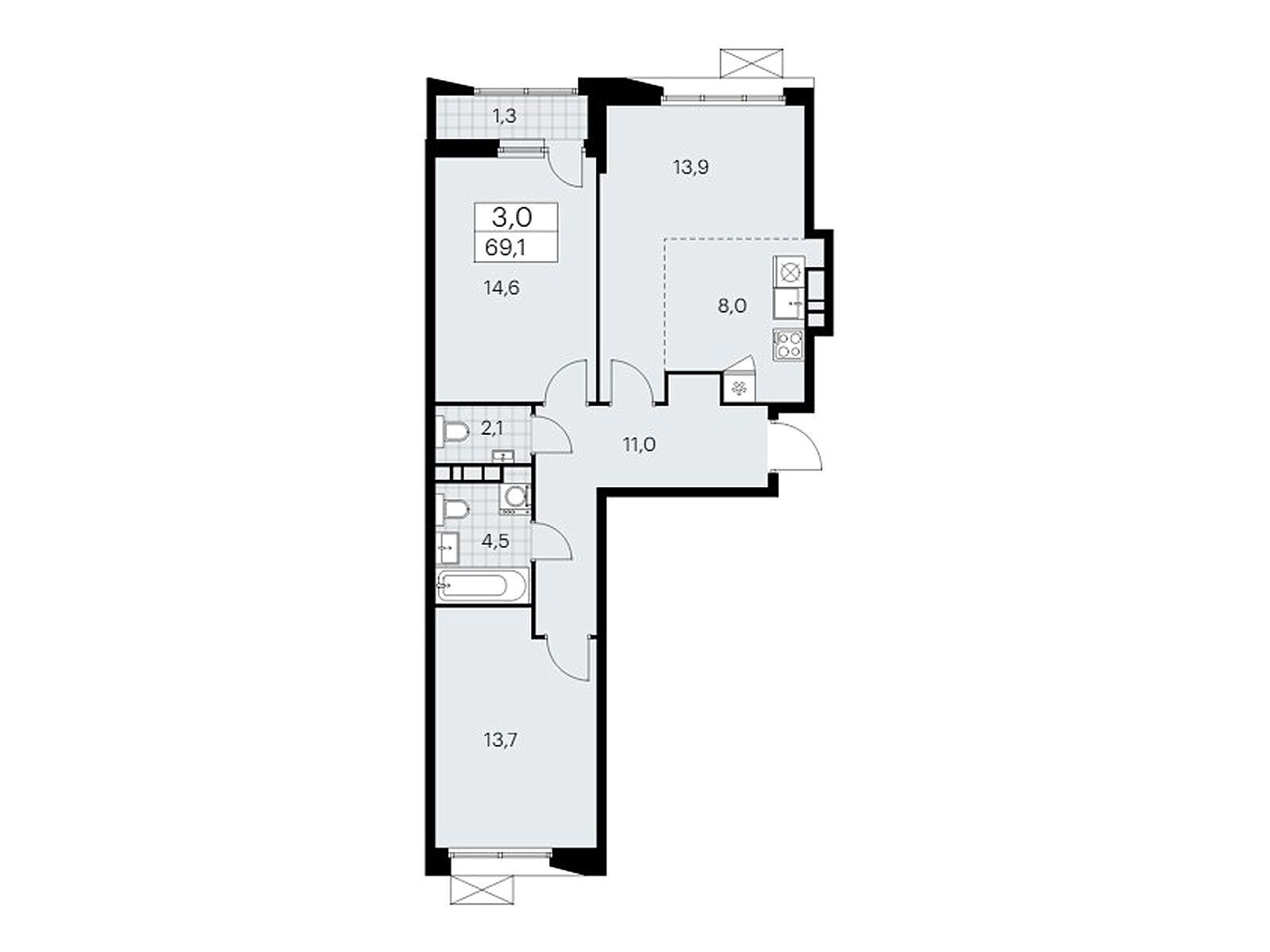 3-комнатная квартира, 69 кв.м, ЖК «Бунинские Кварталы»