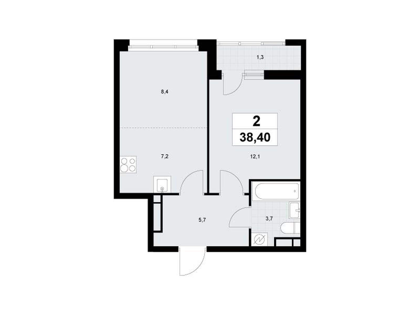 2-комнатная, 38.4 м2, ЖК «Родные кварталы»