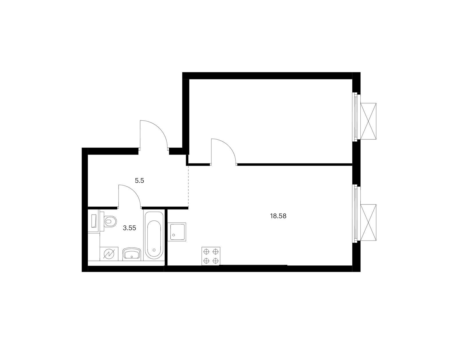 1-комнатная квартира, 42.25 кв.м, Ютаново