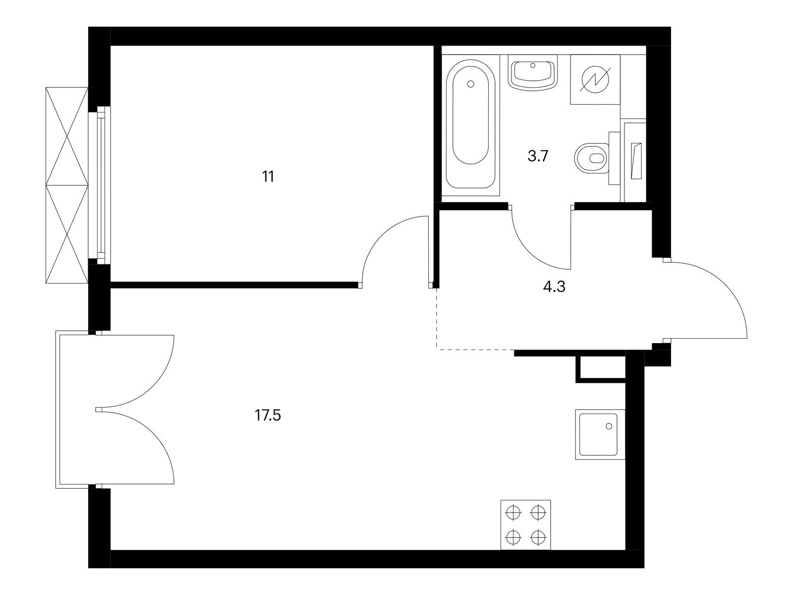 1-комнатная, 36.5 м2, Красноказарменная 15