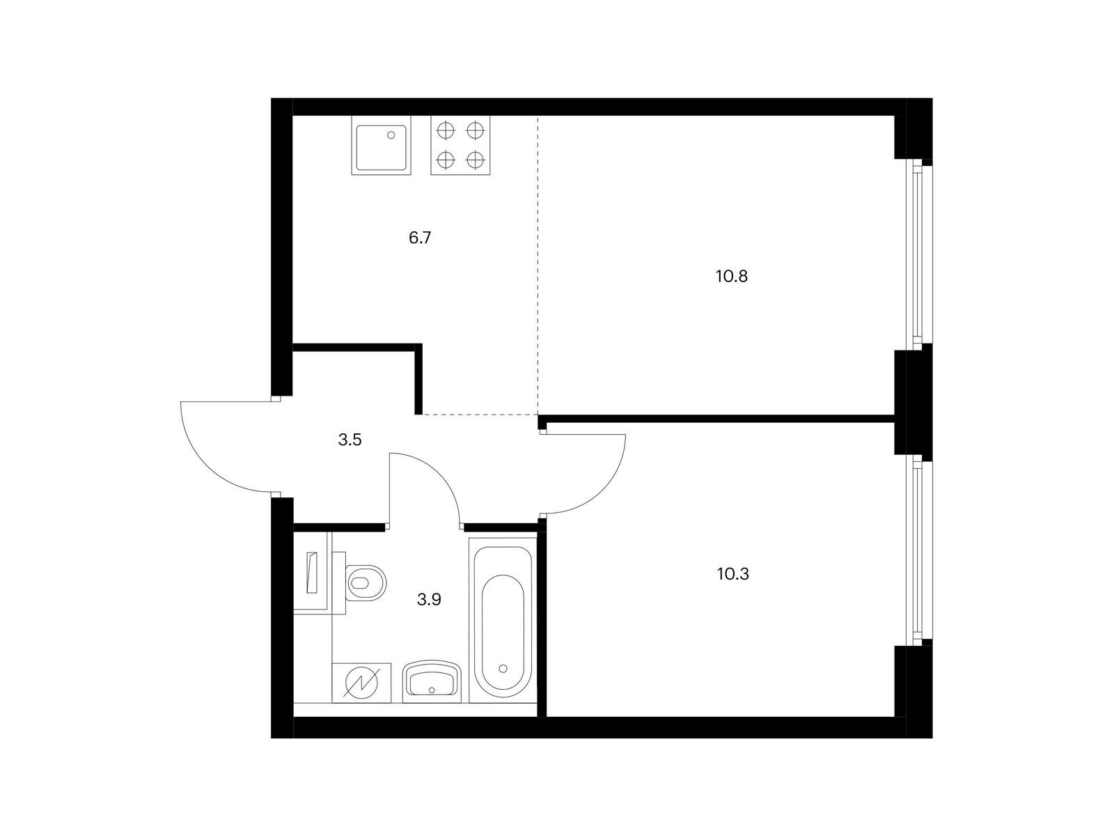 1-комнатная, 34.3 м2, Бунинские луга