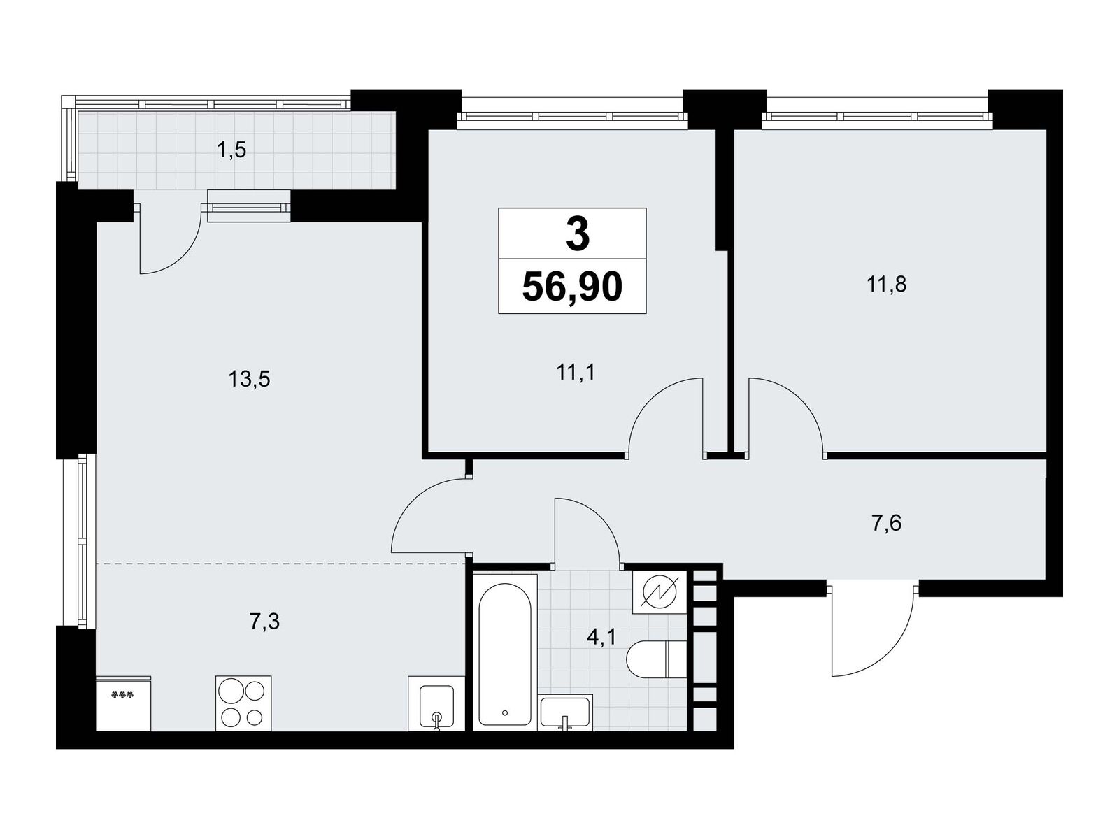 3-комнатная, 56.9 м2, ЖК «Родные кварталы» 3-комнатная, 56.9 м2, ЖК «Родные кварталы»