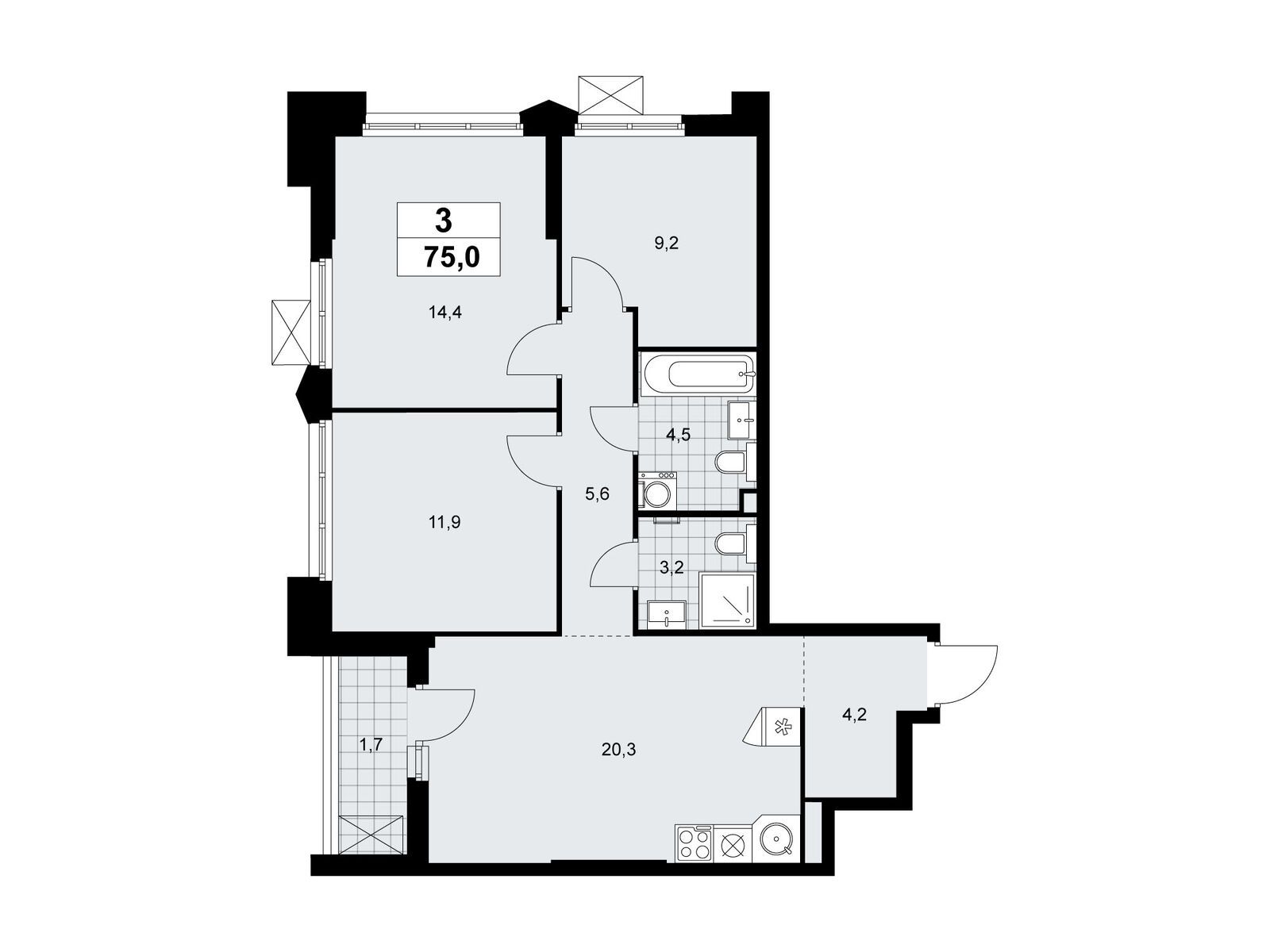 3-комнатная, 75 м2, ЖК «Деснаречье»