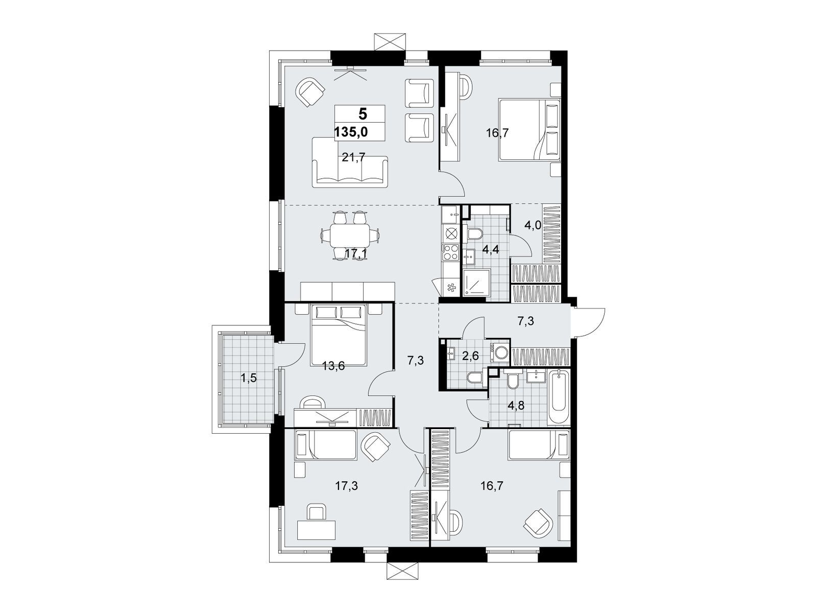 5-комнатная квартира, 135 кв.м, ЖК «Дзен-кварталы»