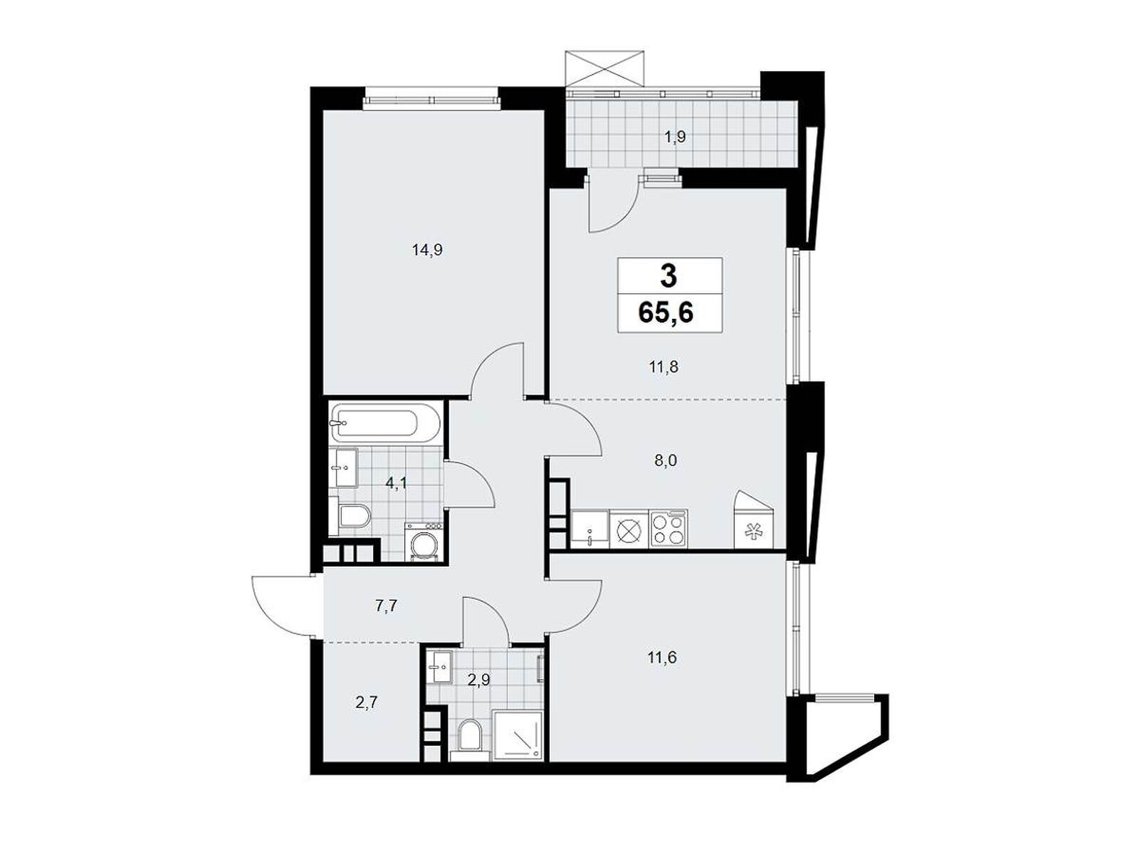3-комнатная квартира, 65.6 кв.м, Жилой квартал "Прокшино"