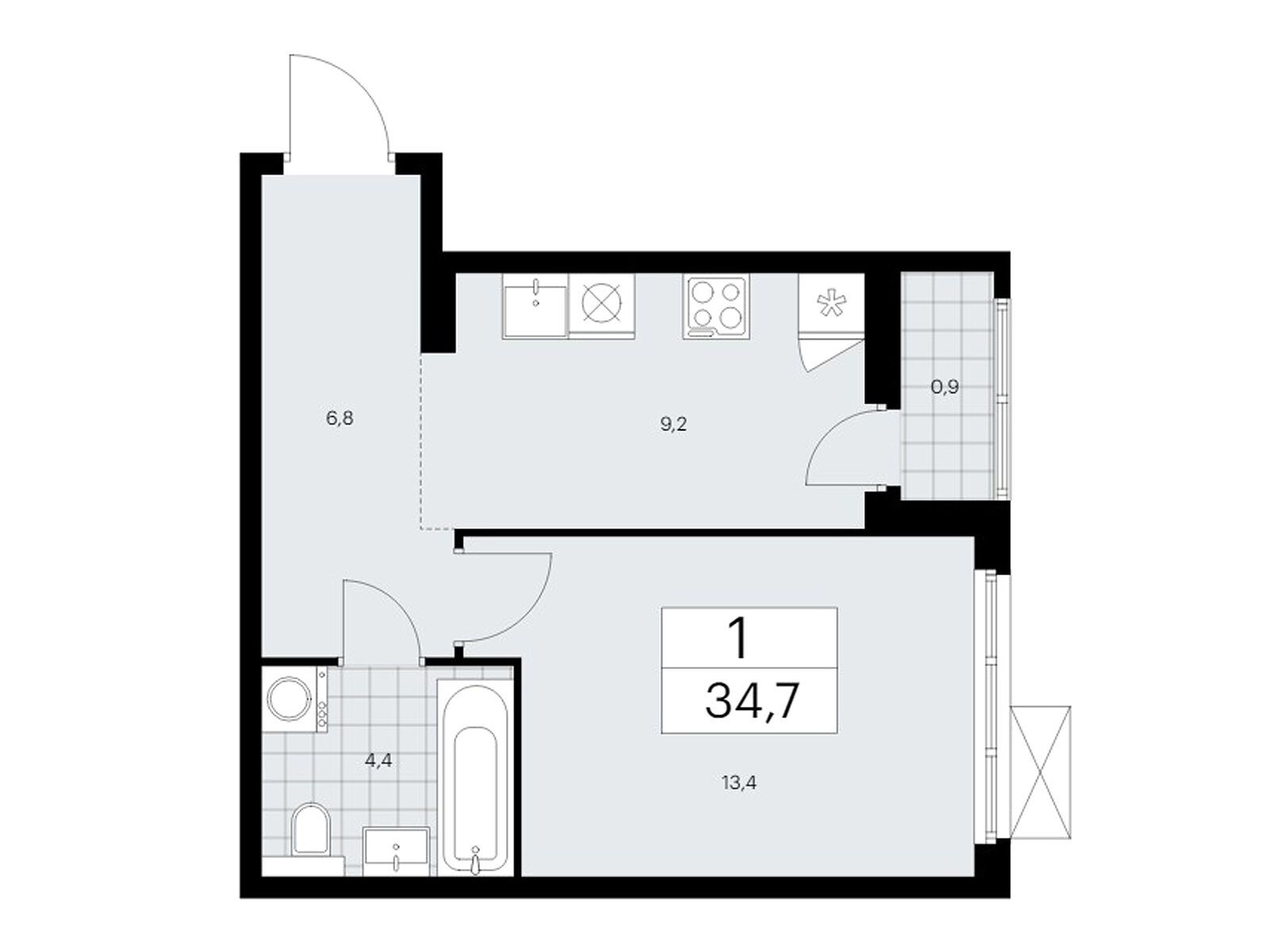 1-комнатная, 34.8 м2, ЖК «Бунинские Кварталы»