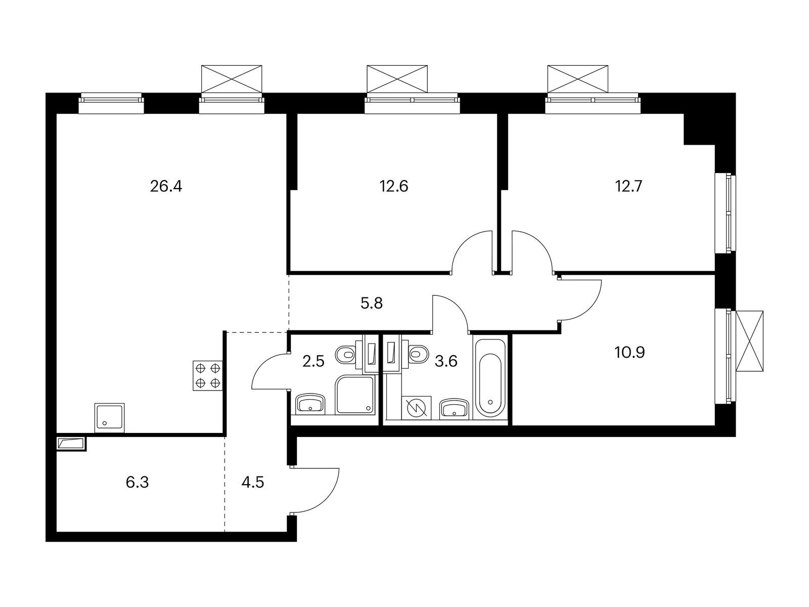 3-комнатная квартира, 85.3 кв.м, Открытый парк