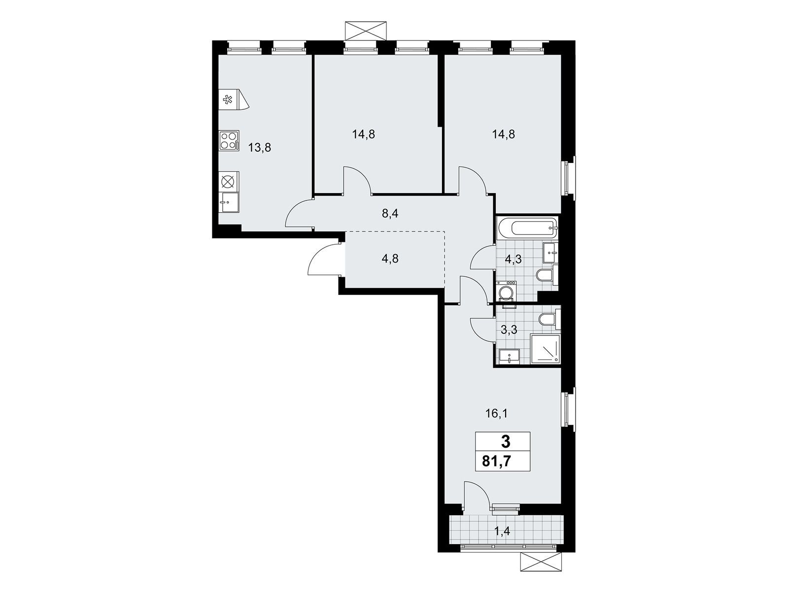 3-комнатная, 81.7 м2, ЖК «Прокшино»