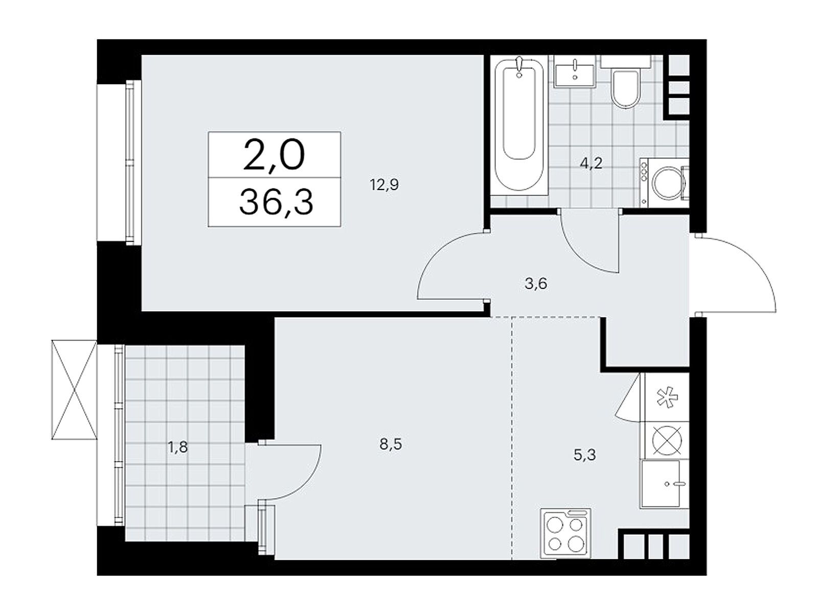 2-комнатная квартира, 36.3 кв.м, ЖК «Бунинские Кварталы»