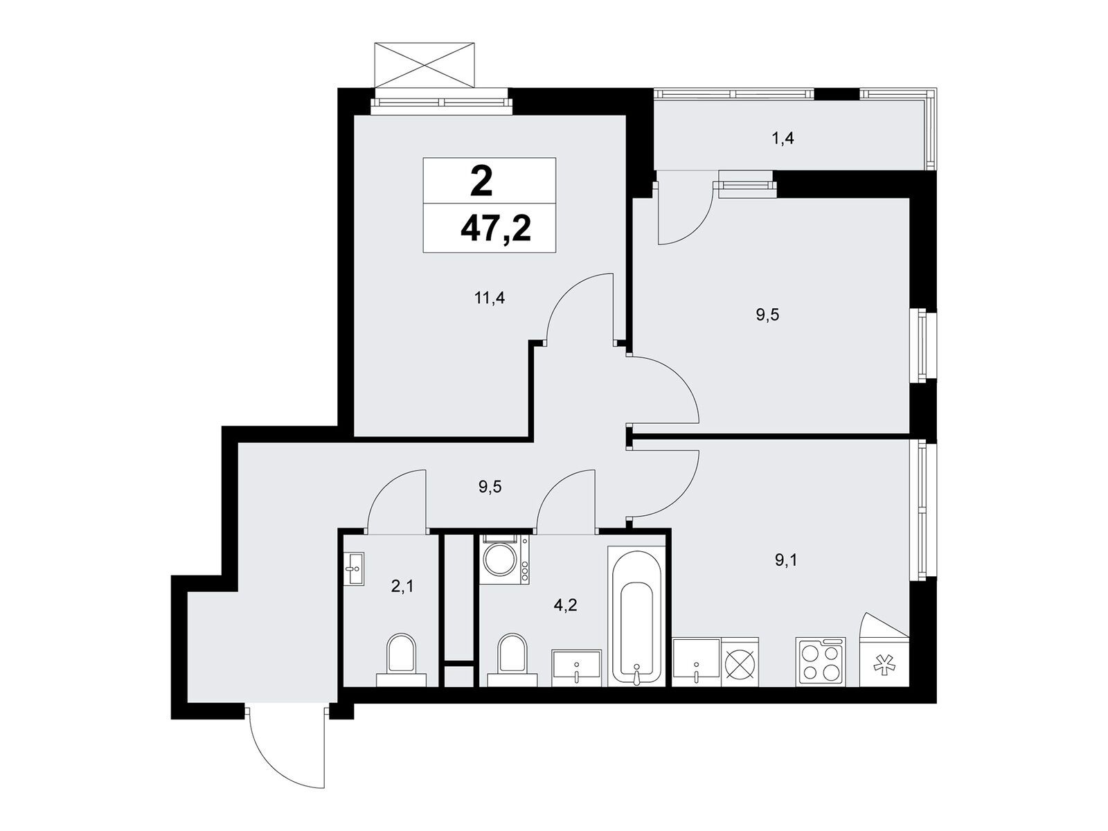 2-комнатная квартира, 47.1 кв.м, ЖК «Прокшино»