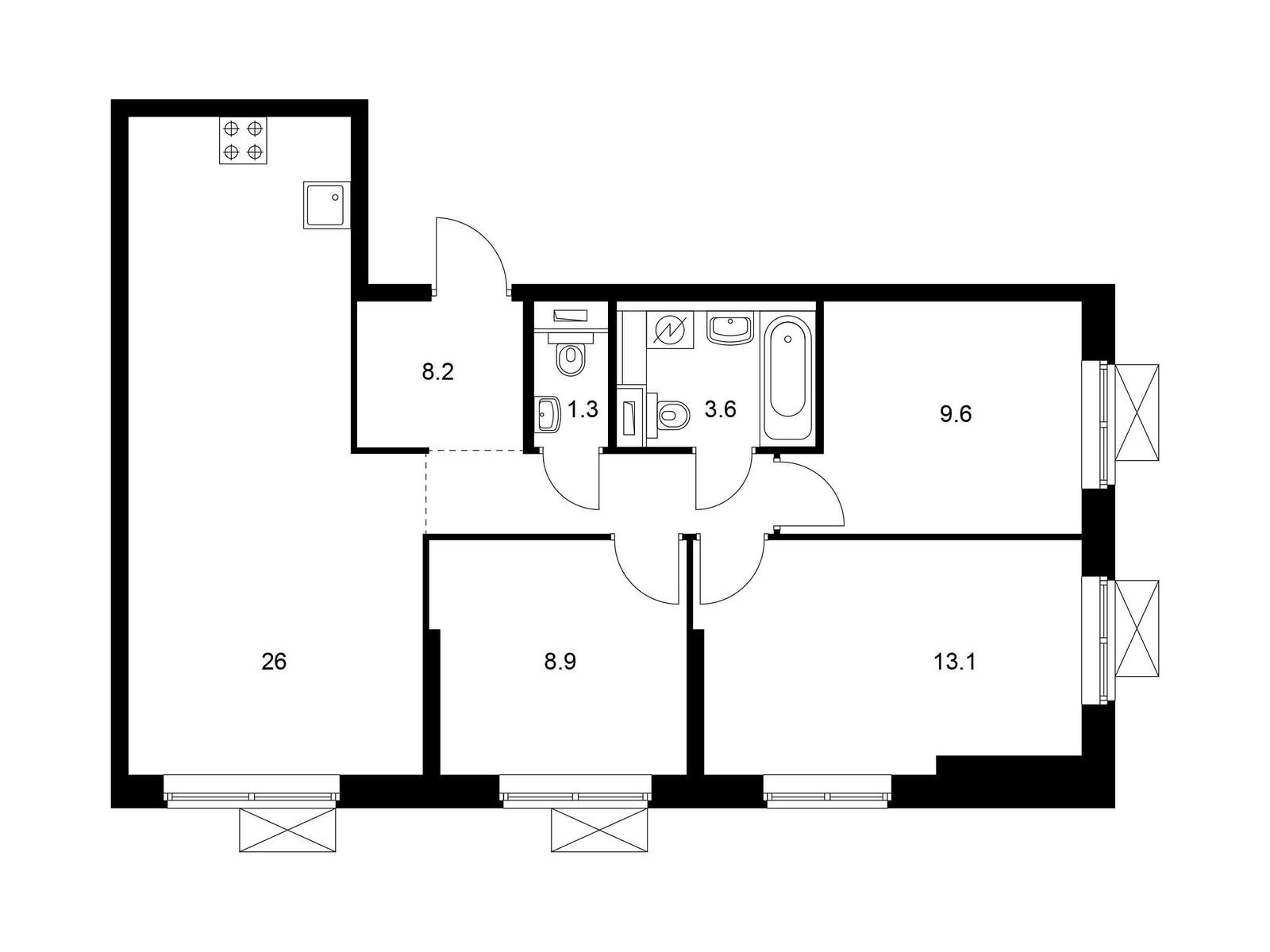 3-комнатная квартира, 70.7 кв.м, Открытый парк