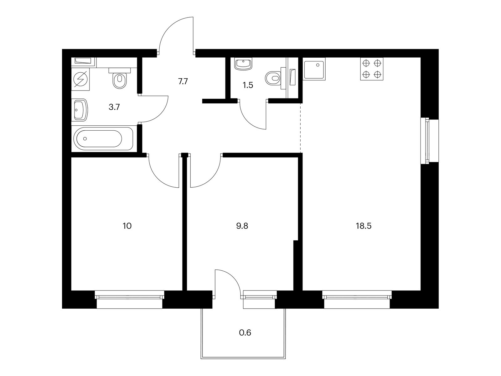 2-комнатная квартира, 51.8 кв.м, Полар