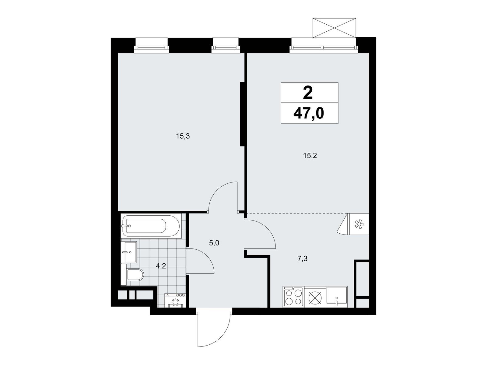 2-комнатная, 47 м2, ЖК «Прокшино»
