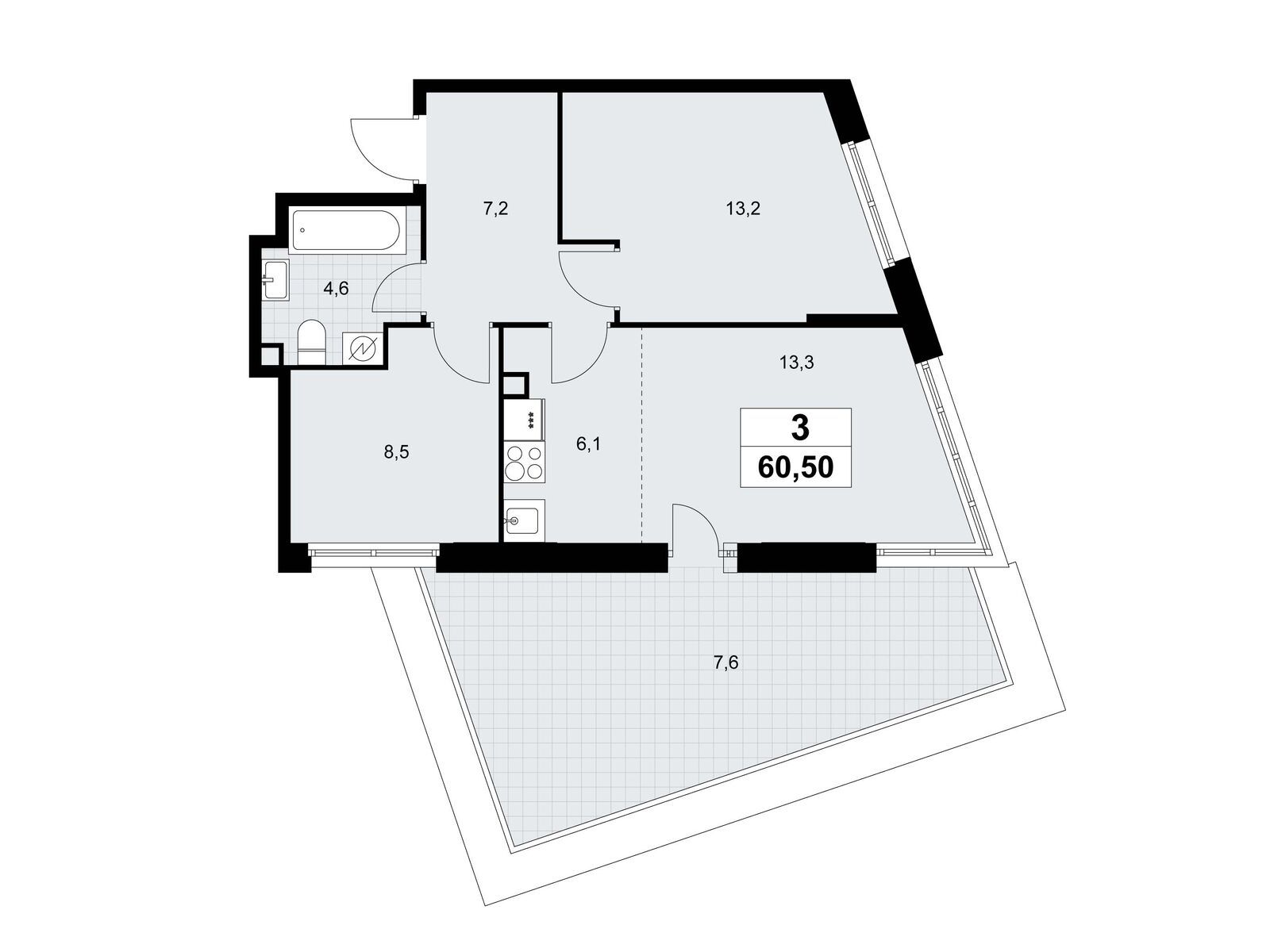 3-комнатная, 60.5 м2, ЖК «Родные кварталы»