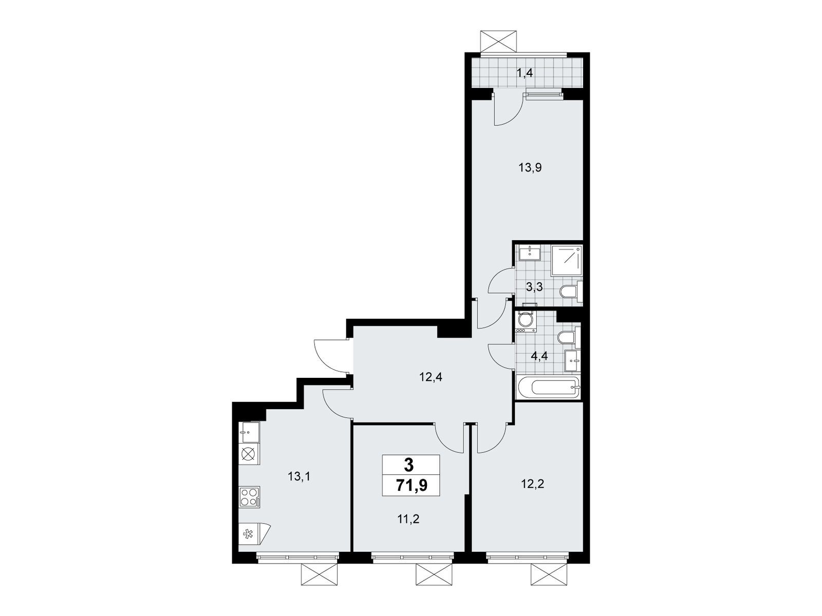 3-комнатная, 71.9 м2, ЖК «Деснаречье» 3-комнатная, 71.9 м2, ЖК «Деснаречье»