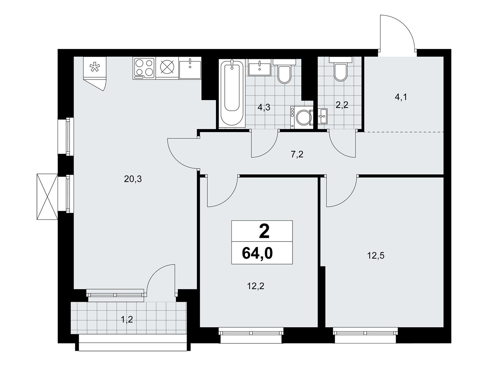 2-комнатная, 64 м², 13 этаж из 15, ЖК «Прокшино»