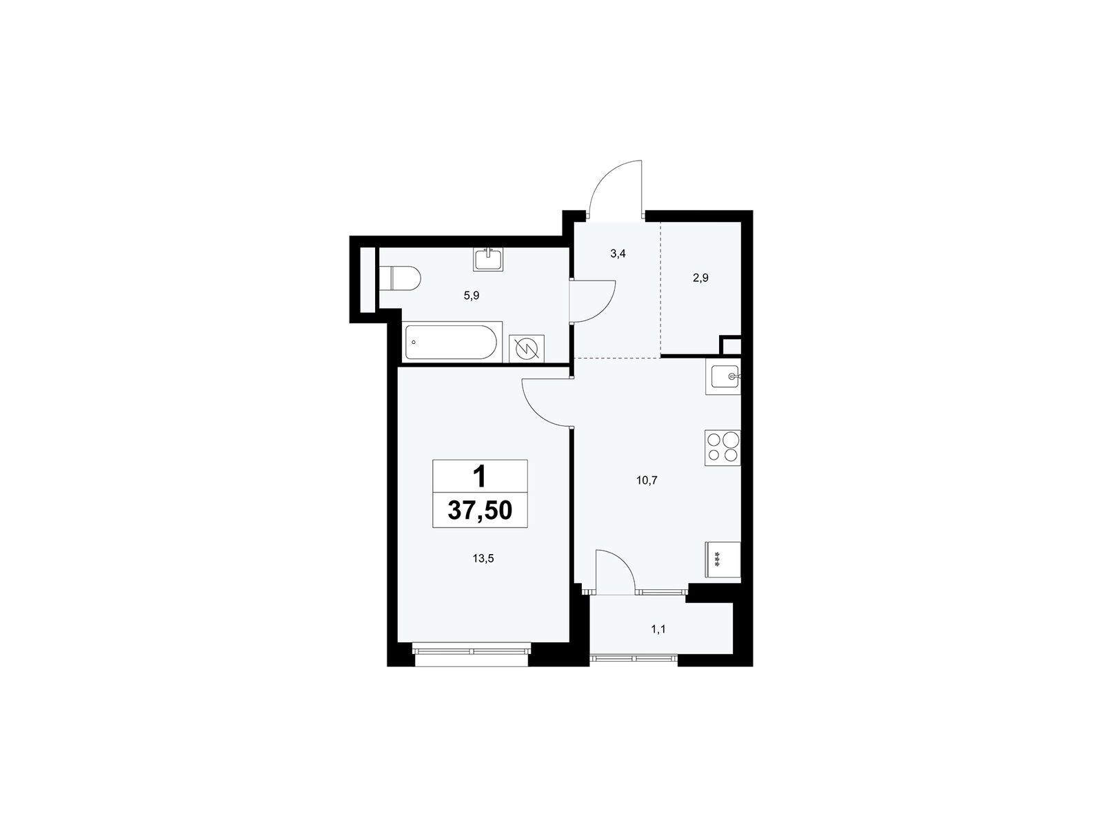 1-комнатная, 37.5 м2, «Дом на Зорге»