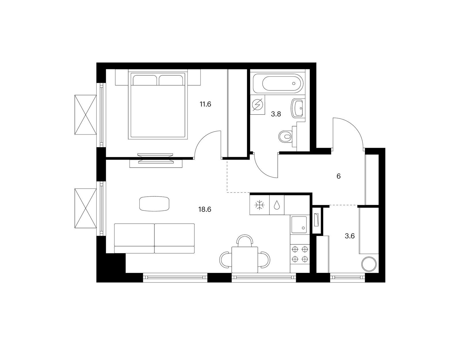 1-комнатная квартира, 43.6 кв.м, Середневский лес