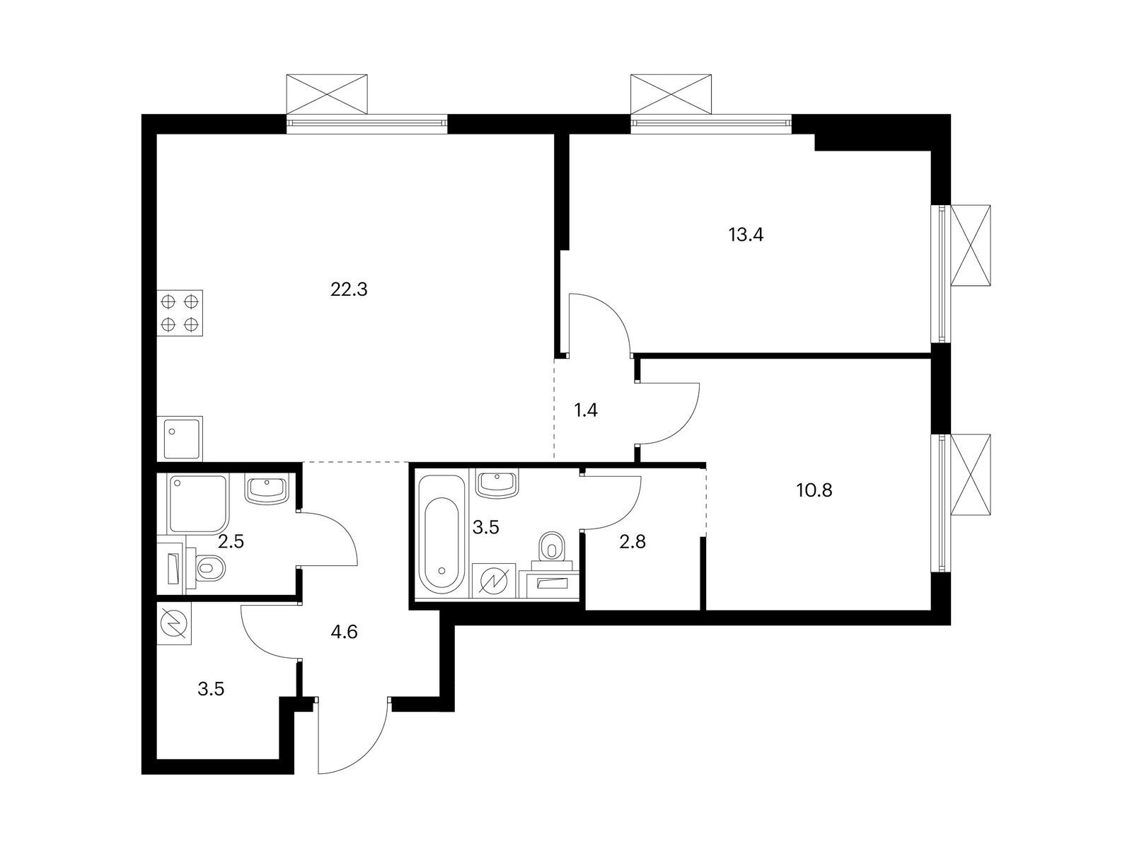 2-комнатная квартира, 64.8 кв.м, Юнино